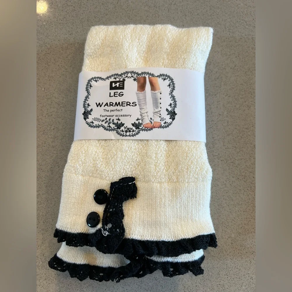 White Leg Warmers with Black Ruffle Accent
